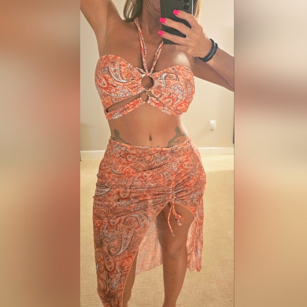 Pg6 #4 Orange Paisley Halter Bikini With Skirt Cover Up 3pc Set